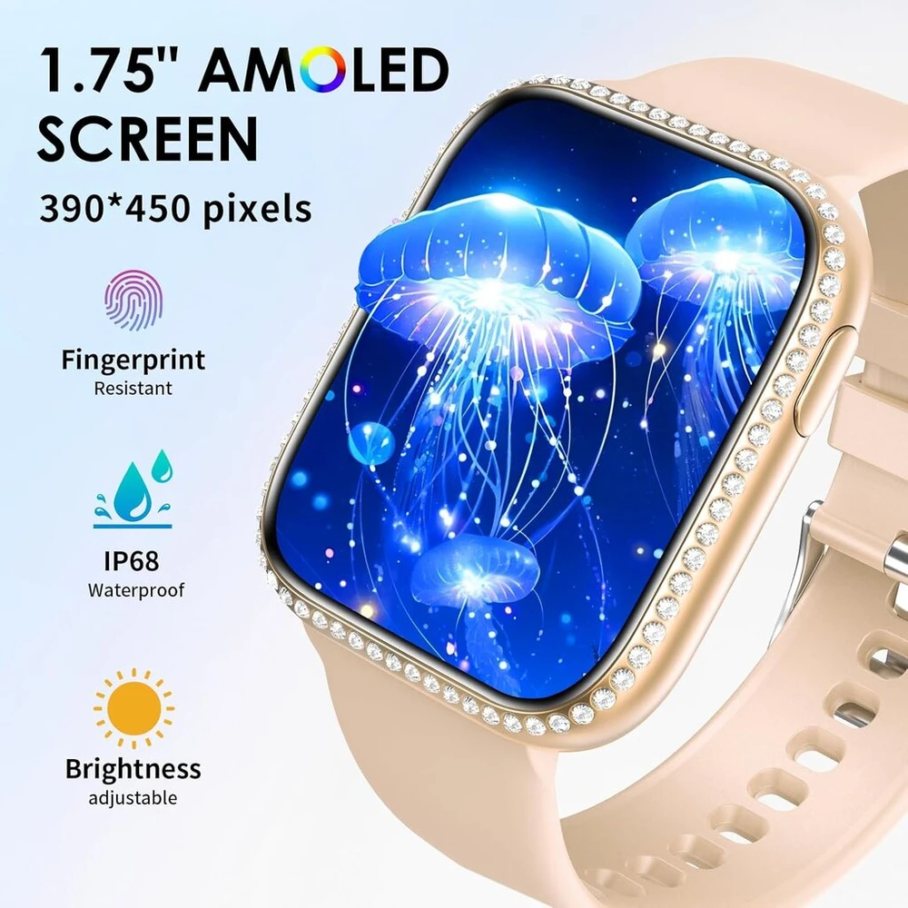 Aiyaaiya išmanusis laikrodis moterims su telefono funkcija, 1.75 colio amoled jutiklinis ekranas, sporto laikrodis su įvairiais treniruočių režimais, ip68 atsparus vandeniui, sporto sekiklis su miego monitoriumi, skirtas ios android (oranžinė apyrankė)