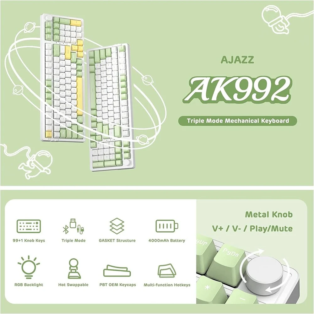 Ajazz Ak992 Hot Swap Seal mechaninė žaidimų klaviatūra + apvyniotas Usb-c kabelis, 18 Rgb apšvietimų, 2.4ghz/bt5.0/usb-c, 1 medijos valdymo mygtukas, Pbt klavišų dangteliai, skirta Pc/win/mac (red Switch)