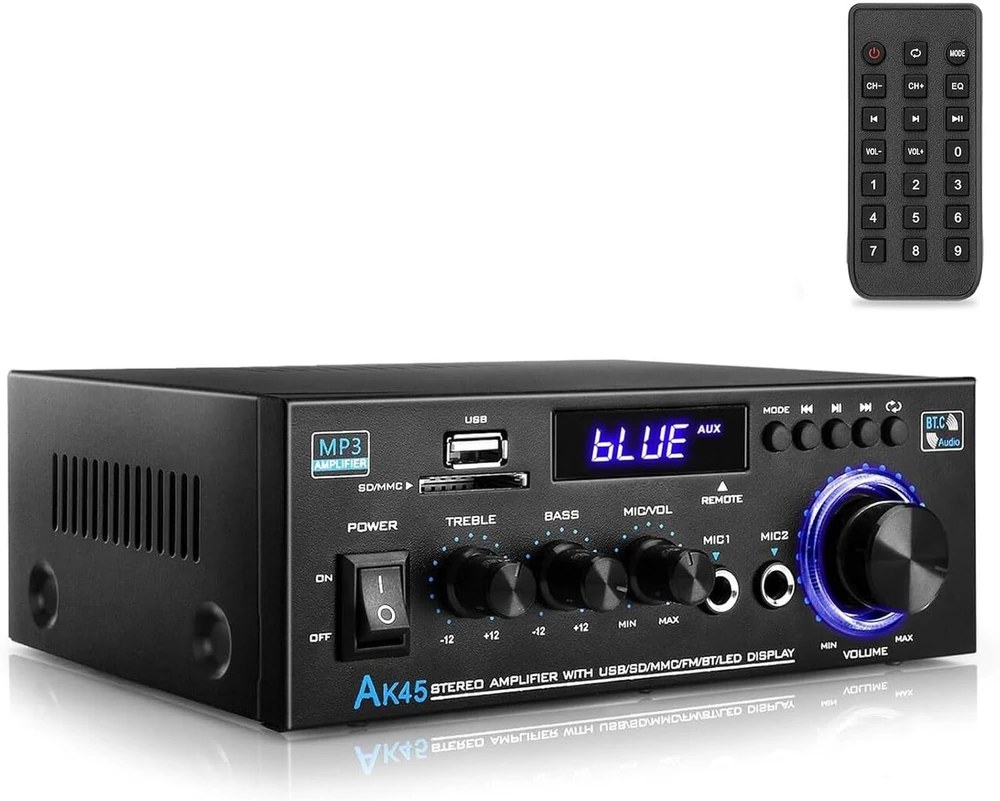 Muzikinis centras Ak45 hifi stiprintuvas su bluetooth 5.0, 400 w mini hifi stereo stiprintuvas, 2 kanalų audio stiprintuvo imtuvas su fm radijo, rca, sd, usb kortelės įvestimi, skirtas namams, studijai