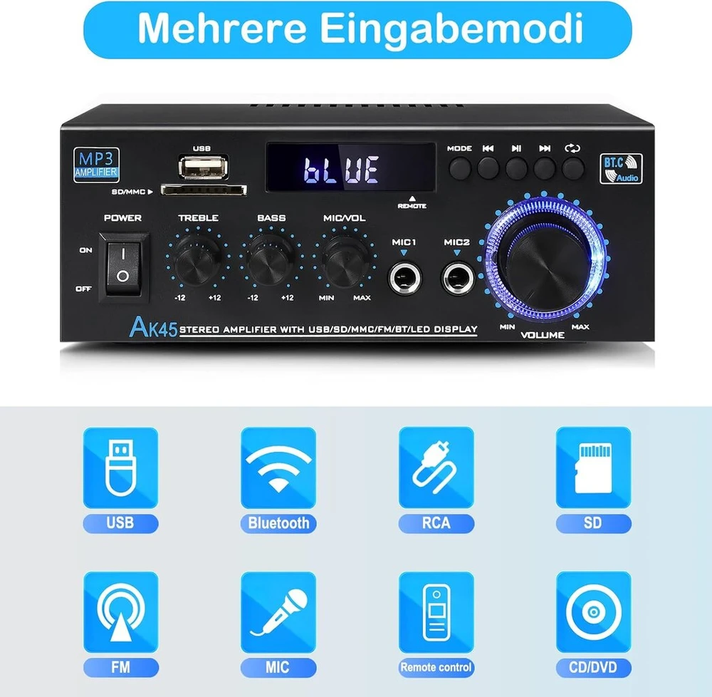 Muzikinis centras Ak45 hifi stiprintuvas su bluetooth 5.0, 400 w mini hifi stereo stiprintuvas, 2 kanalų audio stiprintuvo imtuvas su fm radijo, rca, sd, usb kortelės įvestimi, skirtas namams, studijai