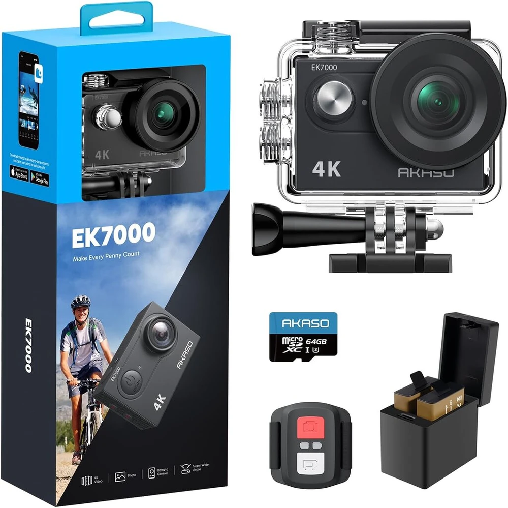 Akaso ek7000 veiksmo kamera 4k30fps su 64gb microsdxc atminties kortele povandeninė kamera 170° itin plataus kampo full hd sporto kamera su 2 colių lcd ekranu 2.4g nuotolinio valdymo pultas