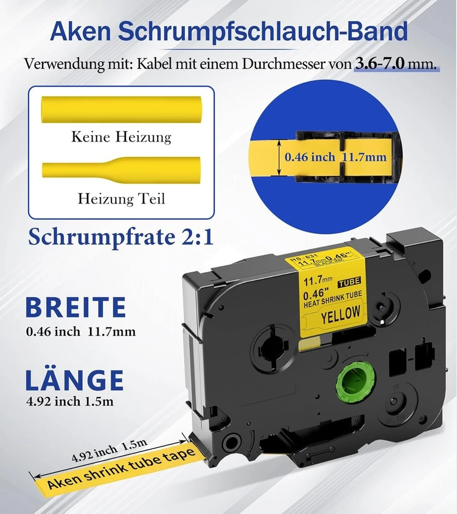 Aken 3 x Suderinama su Brother P-touch juostelėmis Hse-631 Hs-631 Hse etiketės juosta 11.7 mm x 1.5 m juoda ant geltonos karščiu susitraukiančio vamzdelio, skirta P-touch Pt-e110 E300/vp E550w/wvp P750wvp E800w P900w/nw Pt-7600