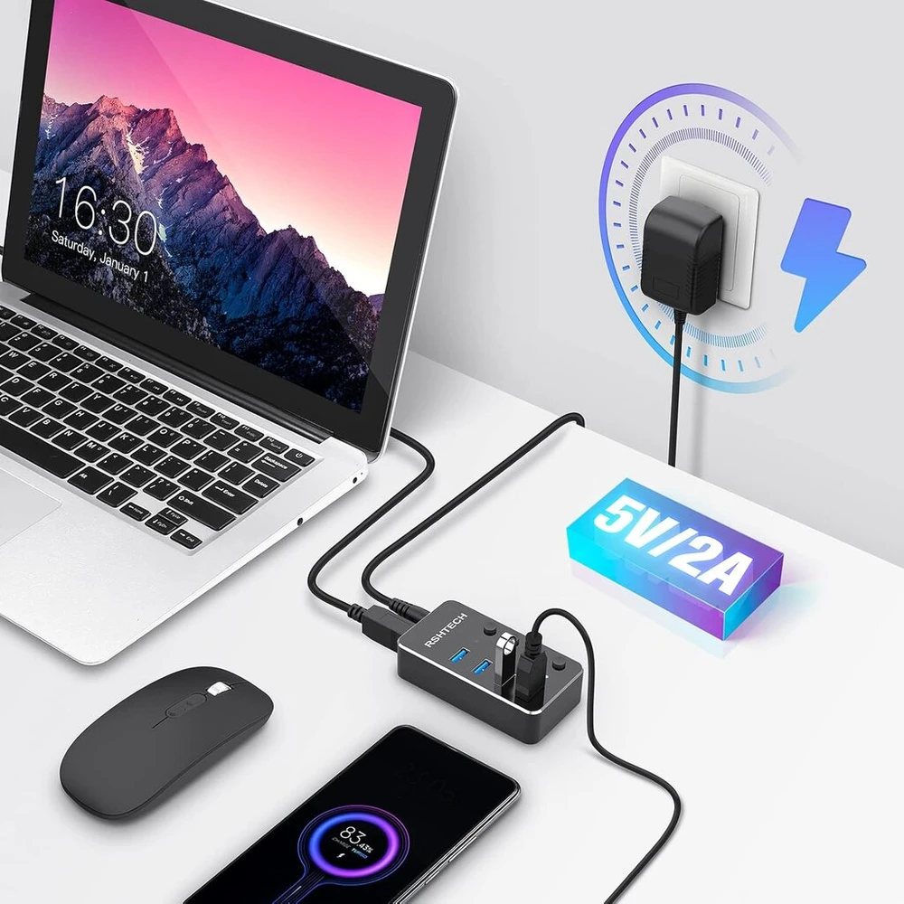 Aktyvus Usb 3.0 šakotuvas su maitinimo šaltiniu, Rshtech Usb 3.0 šakotuvas su 4 duomenų prievadais Usb 3.0 prievadų skirstytuvas su 100 cm 2-in-1 hibridiniu duomenų kabeliu (type A/type C), 10w (5v/2a) maitinimo šaltinis, aliuminis, Rsh-st04