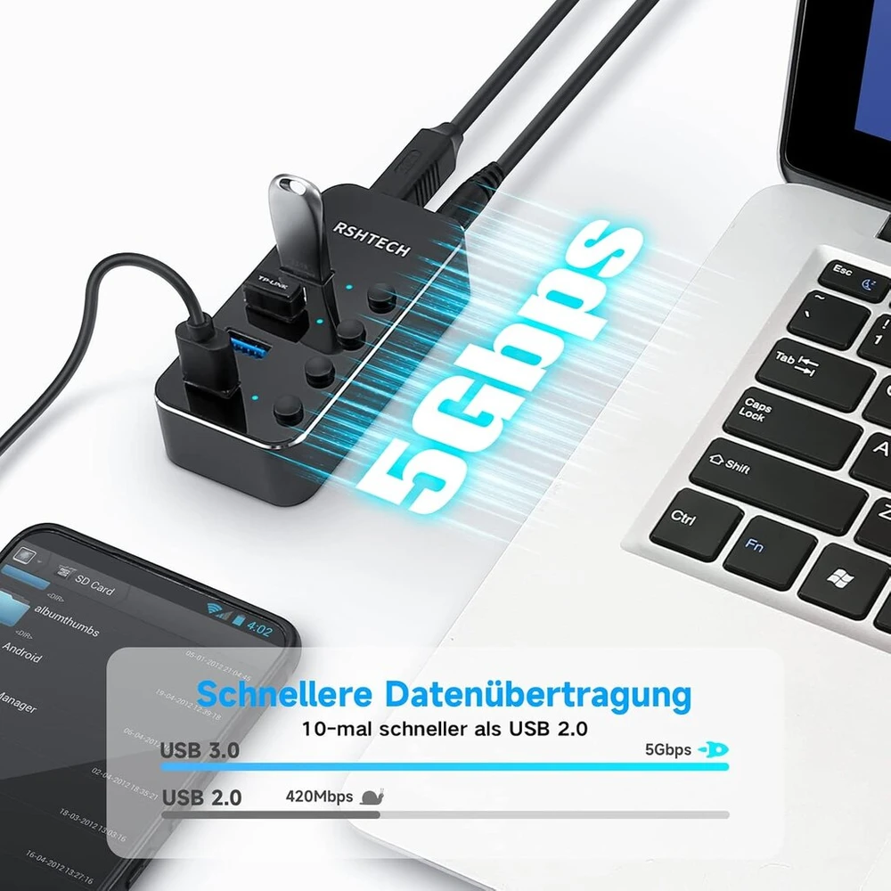 Aktyvus Usb 3.0 šakotuvas su maitinimo šaltiniu, Rshtech Usb 3.0 šakotuvas su 4 duomenų prievadais Usb 3.0 prievadų skirstytuvas su 100 cm 2-in-1 hibridiniu duomenų kabeliu (type A/type C), 10w (5v/2a) maitinimo šaltinis, aliuminis, Rsh-st04