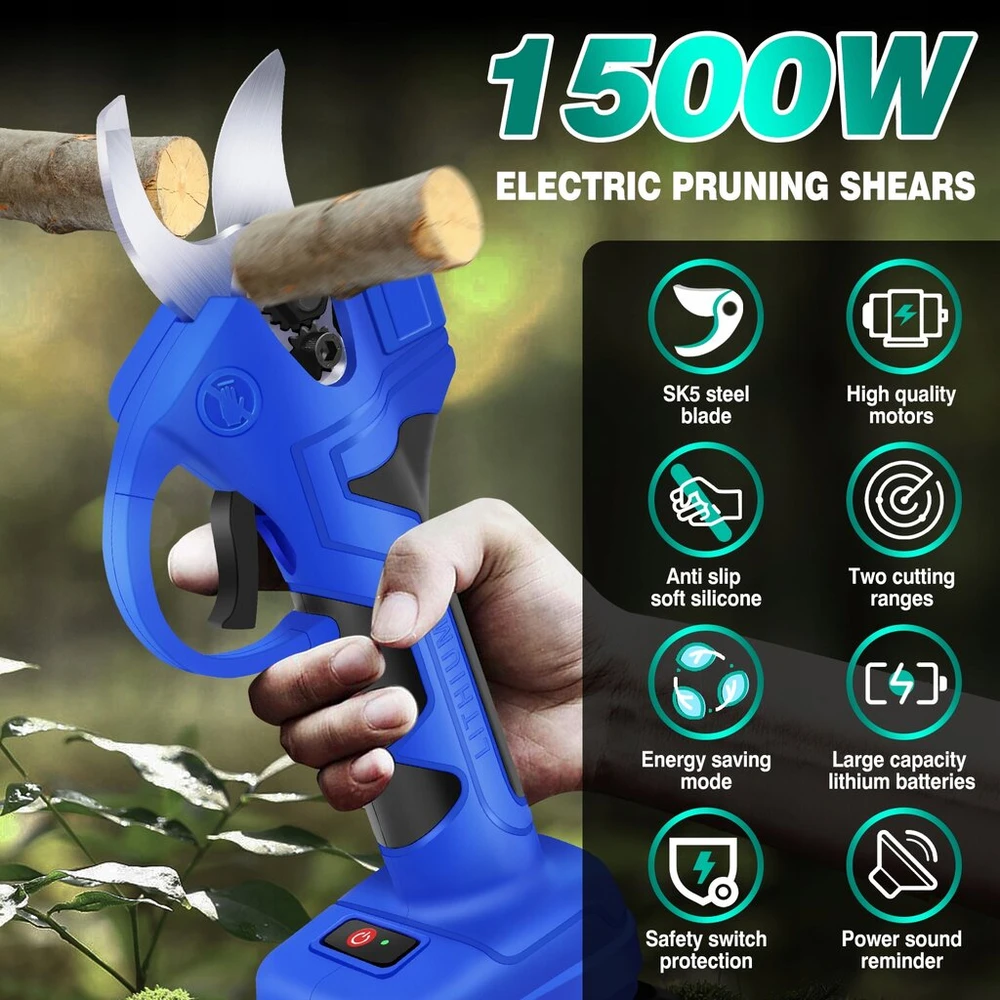 Akumuliatorinės genėjimo žirklės šakoms, sodui ir kiemui, 2 vnt. 1500mah baterijos