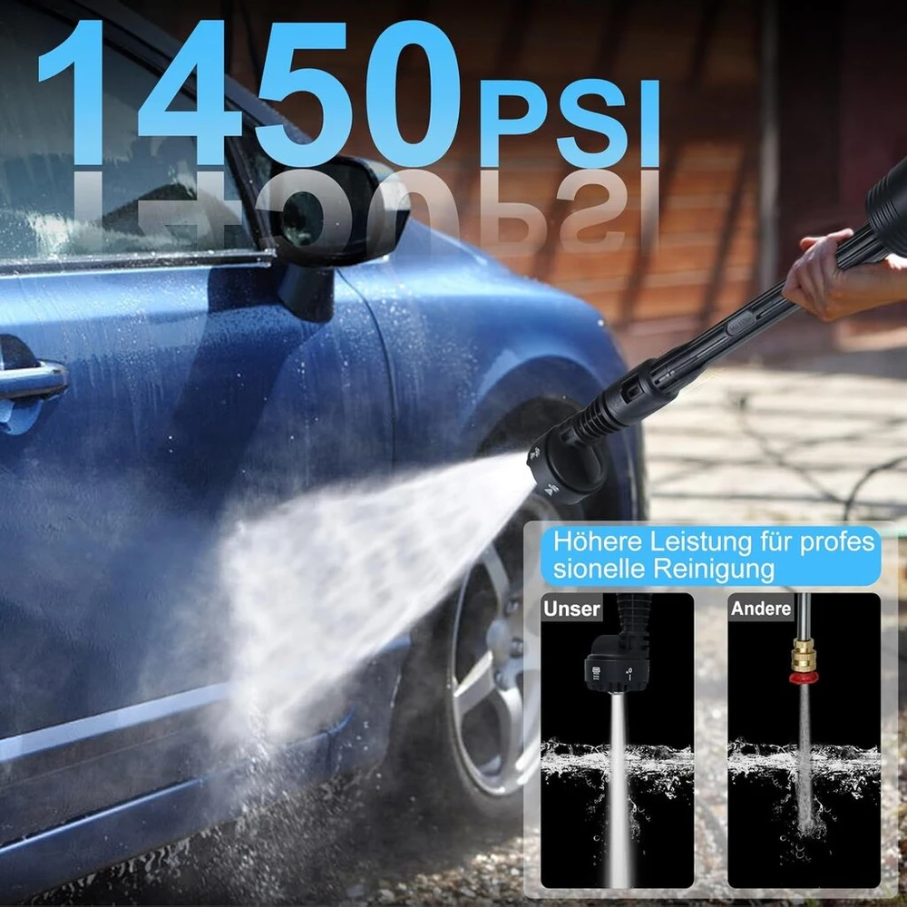 Akumuliatorinis aukšto slėgio plovimo įrenginys 1450 psi/100 bar, 2 4000 mah akumuliatoriai, nešiojamas belaidis aukšto slėgio plovimo įrenginys su 6-in-1 antgaliu, 5 m žarna, skirtas automobiliui/grindims/tvorai/takui
