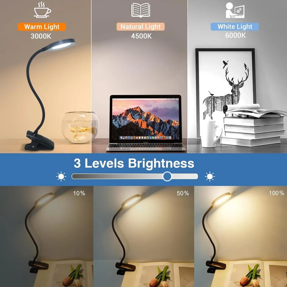 Lova Akynite 36 led įkraunama skaitymo lempa su baterija, usb adapteris įtrauktas, 3 spalvų keitimas ir 3 ryškumo lygiai, lovos lempa su spaustuku be kabelio miegamajam, stalo lempa, juoda