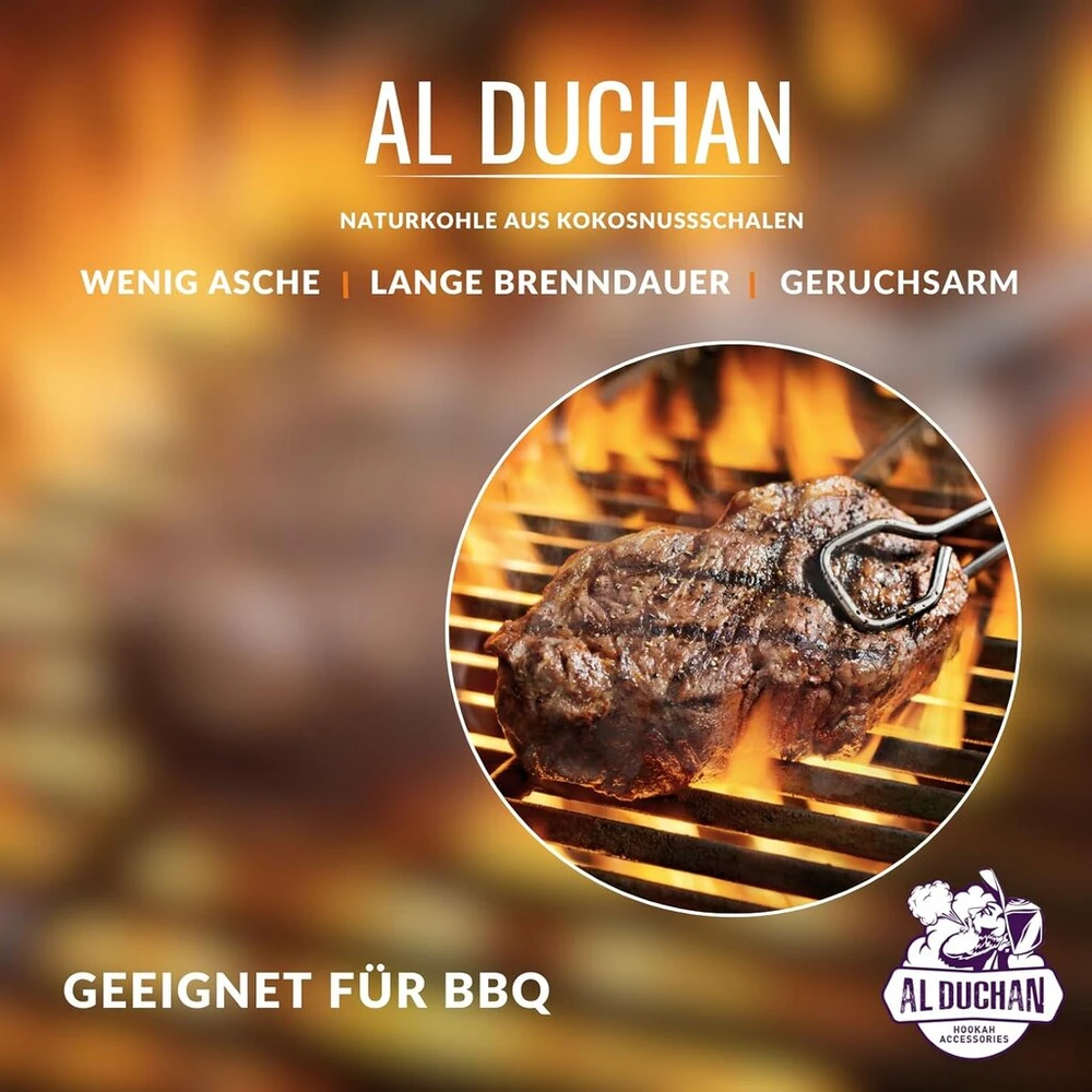 Al Duchan - 1kg Premium kokosų anglių pakuotė (28 vnt.) | Natūralios kokosų anglys | Aukštos kokybės kokosų anglies kubeliai | Kepsninės ir anglies briketai