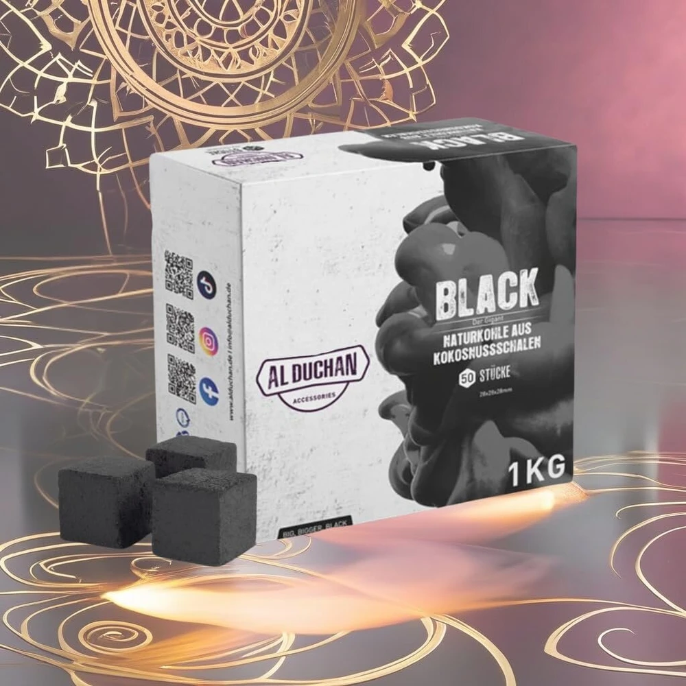 Al Duchan - 1kg Premium kokosų anglių pakuotė (28 vnt.) | Natūralios kokosų anglys | Aukštos kokybės kokosų anglies kubeliai | Kepsninės ir anglies briketai