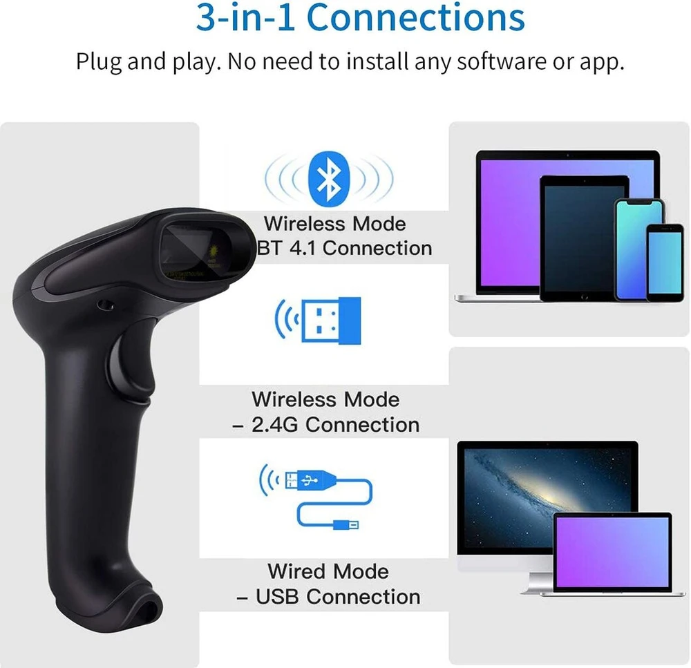 Alacrity 2d 1d Qr bluetooth brūkšninių kodų skaitytuvas su stovu, bluetooth 2.4 Ghz belaidis ir laidinis Usb laisvų rankų įrangos brūkšninių kodų skaitytuvas su stovu pramonei, mažmeninei prekybai, logistikai, sandėliui, 6709db
