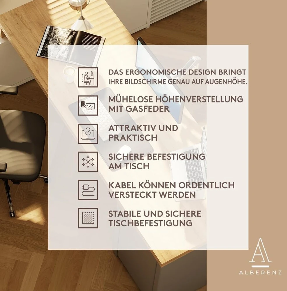 Alberenz® vieno monitoriaus laikiklis su dujine spyruokle, reguliuojamas monitoriaus laikiklis 17–40 colių monitoriams, ergonomiškas dizainas, reguliuojamas aukštis ir pakreipimas, sidabrinis