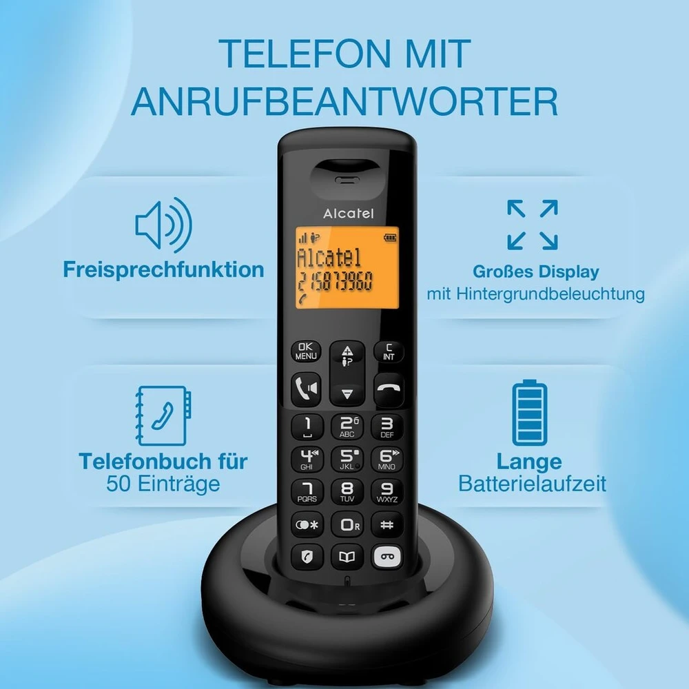 Alcatel E260 S. Voice - belaidis Dect telefonas su atsakikliu - didelis apšviestas ekranas - skambinimas laisvomis rankomis - nepageidaujamų skambučių blokavimo funkcija - juodas