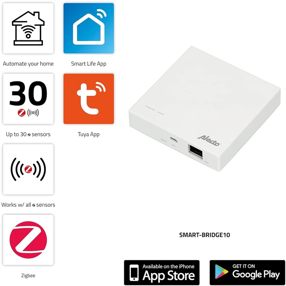 Alecto Smart-brdige10 Zigbee tiltas - Zigbee vartai - galima prijungti iki 30 jutiklių / įrenginių - Tuya - Smart Life programėlė - balta