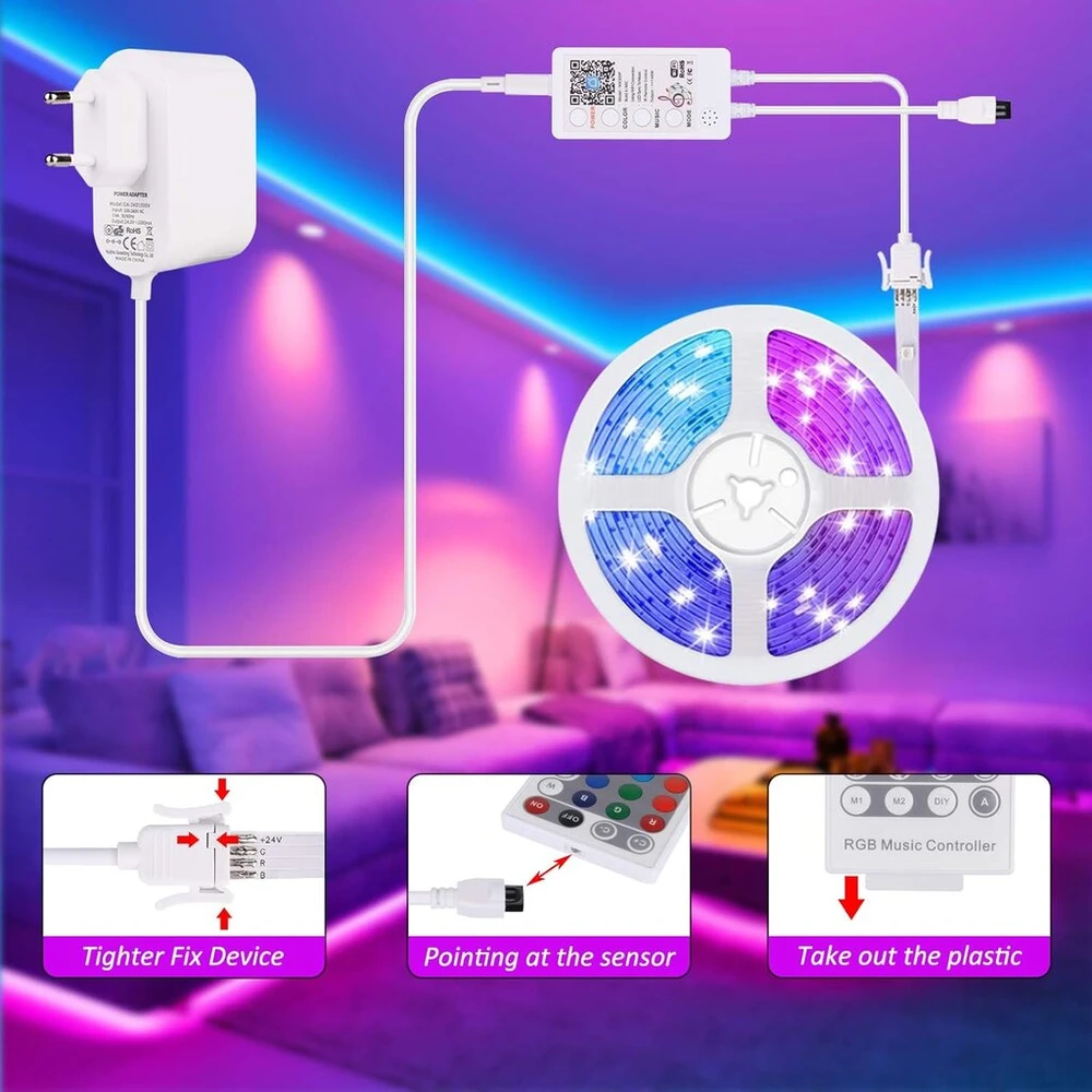 Alexa Led juosta 30 m, Luxonic Smart Rgb Led juostos, Alexa Led girliandos, valdomos programėle, muzikos sinchronizacija, veikia su Google Assistant, itin ilga Led juosta su maitinimo šaltiniu ir nuotolinio valdymo pulteliu