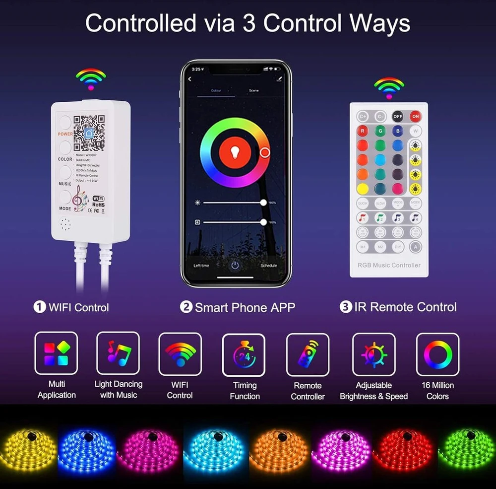 Alexa Led juosta 30 m, Luxonic Smart Rgb Led juostos, Alexa Led girliandos, valdomos programėle, muzikos sinchronizacija, veikia su Google Assistant, itin ilga Led juosta su maitinimo šaltiniu ir nuotolinio valdymo pulteliu