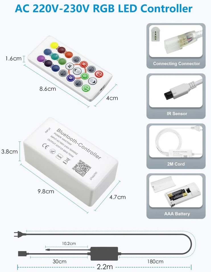 Alitove bluetooth valdiklis, skirtas tik rgb spalvą keičiančioms led juostoms, ac 220v-230v maitinimo adapteris su ir nuotolinio valdymo pulteliu neoninei led juostai, suderinamas su b0cd298py7 b0cd29dws5 (be neoninės šviesos)