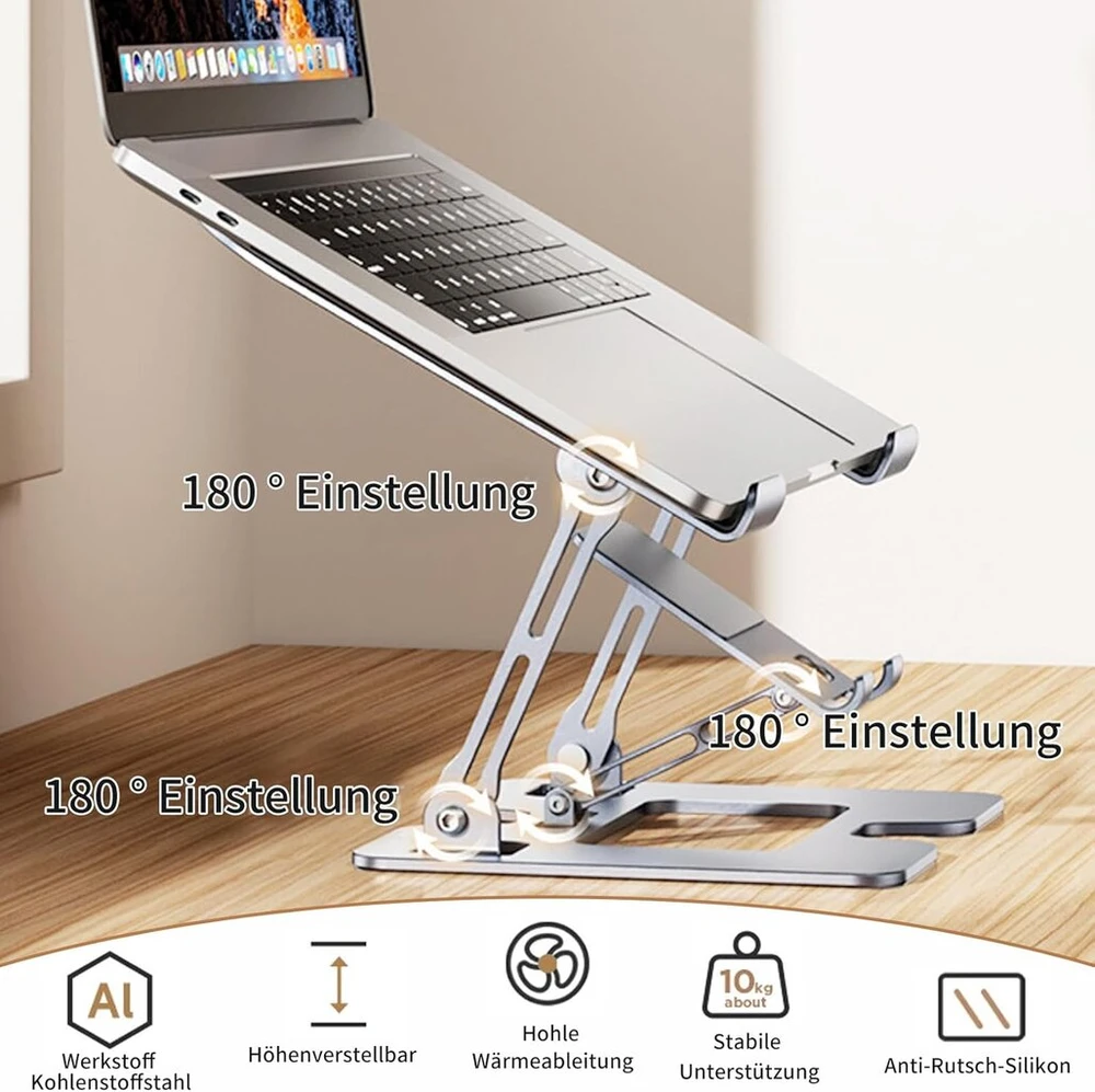 Aliumininis ergonomiškas nešiojamojo kompiuterio stovas, nešiojamojo kompiuterio stovas, reguliuojamo aukščio, tvirtas aliumininis, ventiliuojamas ergonomiškas nešiojamojo kompiuterio stovas su reguliuojamu aukščiu, skirtas stalui, sulankstomas monitoriau
