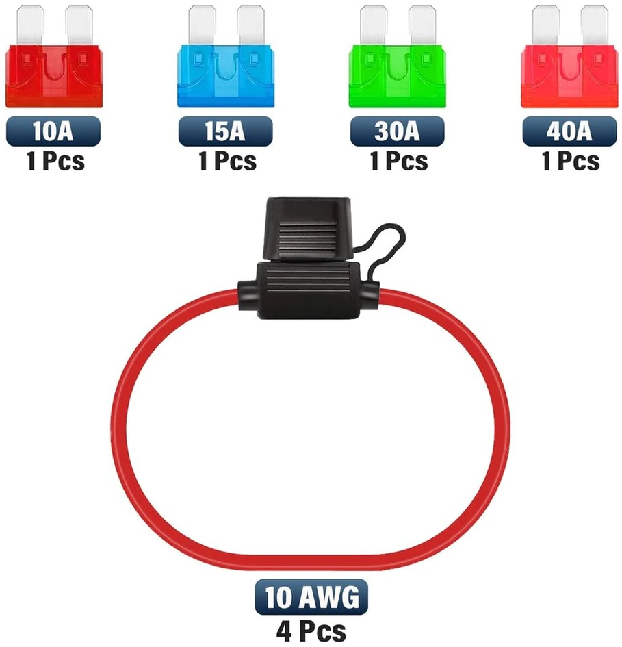 Allecin 4 vnt. automobilinių saugiklių laikiklių rinkinys 10awg laidų ašmeninių saugiklių laikiklis įmontuotas 32v saugiklių laikiklis vandeniui atsparus ašmeninių saugiklių laikiklis su 10a 15a 30a 40a standartiniais ašmeniniais saugikliais automobiliui