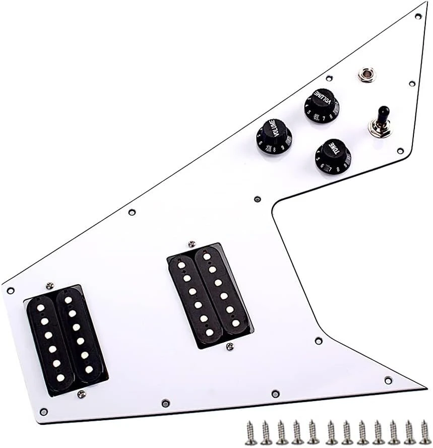 Alnicov 3 sluoksnių įkrautas laidinis gitaros skydelis, suderinamas su Gibson Flying V stiliaus gitara, baltas