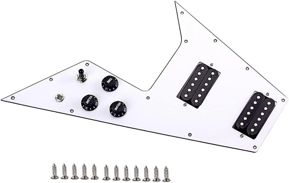 Alnicov 3 sluoksnių įkrautas laidinis gitaros skydelis, suderinamas su Gibson Flying V stiliaus gitara, baltas