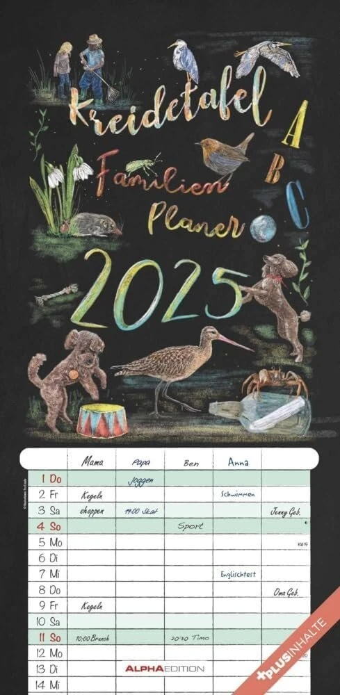 Alpha Edition – Chalkboard Family Planner 2025 šeimos kalendorius, 22 x 45 cm, kalendorius su 5 stulpeliais, 100 metų kalendorius, iliustracijos Eva Czapla ir švenčių datos De/at/ch
