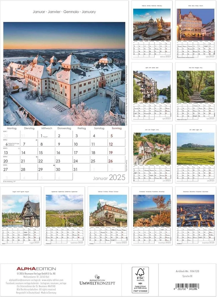 Alpha Edition - Saksonija 2025 metų paveikslų kalendorius, 23,7 x 34 cm, sieninis kalendorius su vieta pastaboms ir daug papildomos informacijos, nuotraukos iš federalinės žemės, vokiškas kalendorius ir švenčių datos