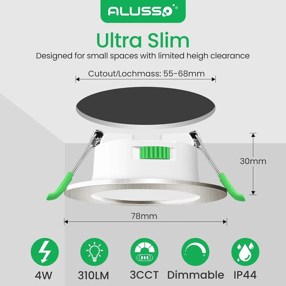 Lubinis šviestuvas Alusso led įleidžiami lubiniai šviestuvai 230 v ip44, 4 w, reguliuojamo ryškumo, 55–68 mm montavimo skersmuo, mini slim, 30 mm itin plonas, šiltai balta 3 000 k, neutrali balta 4 000 k, šaltai balta 6 500 k, 6 vnt. rinkinys