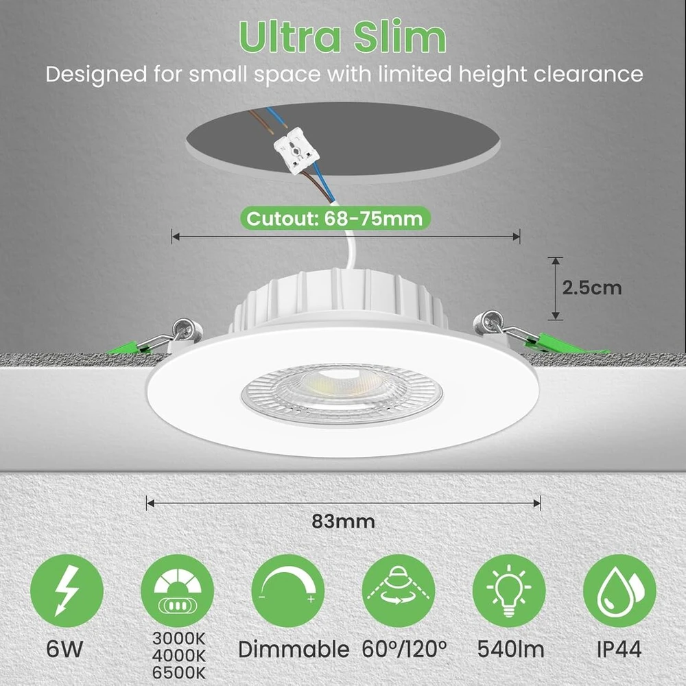 Alusso lighting led įleidžiamas prožektorius, 230 v, pritemdomas plokščias, prožektoriai, 6 w, 68 mm su nuimamu moduliu, 3cct šilta balta, natūrali balta, šalta balta, ip44 įleidžiami šviestuvai, lubų prožektoriai