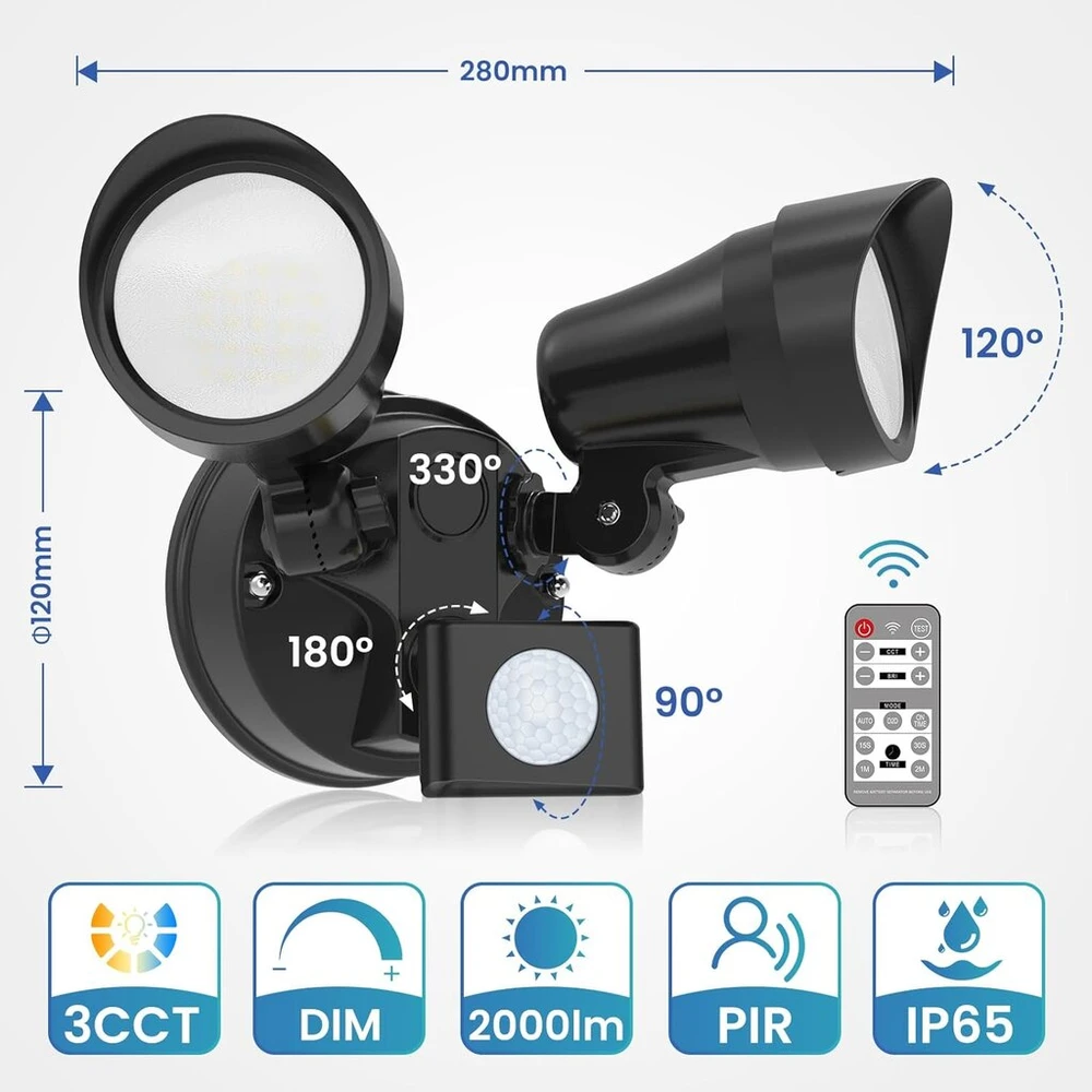 Alusso Lighting led prožektorius su judesio davikliu lauke, 25 w, 2000 lm su nuotoliniu valdymu, 3cct 3000k-6500k lauko prožektorius, pritemdomas, ip65 vandeniui atsparus dvigubas sieninis šviestuvas sodui, terasai, garažui