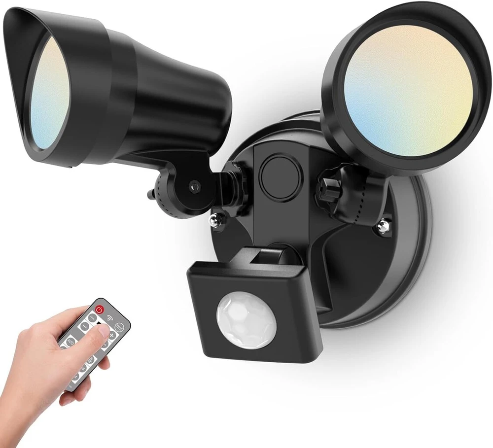 Alusso Lighting led prožektorius su judesio davikliu lauke, 25 w, 2000 lm su nuotoliniu valdymu, 3cct 3000k-6500k lauko prožektorius, pritemdomas, ip65 vandeniui atsparus dvigubas sieninis šviestuvas sodui, terasai, garažui