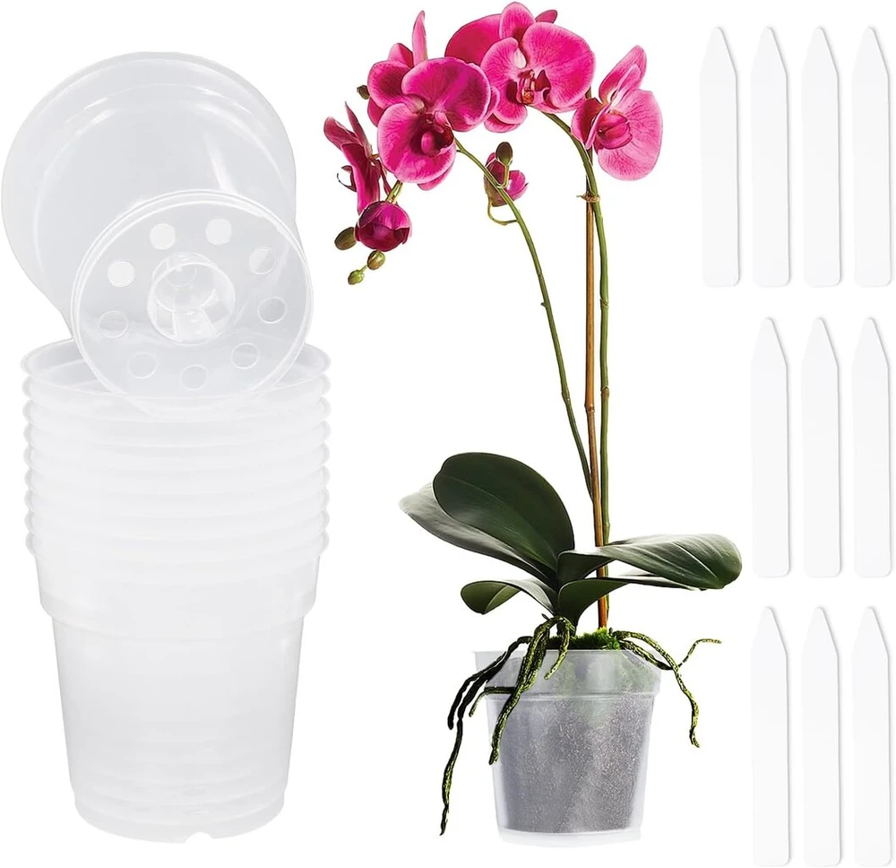 Alwaiiz orchidėjų vazonų rinkinys, 10 vnt., skaidrus gėlių vazonas su drenažo skylute ir 10 augalų etikečių, plastikiniai vazonai, tinkami naudoti viduje ir lauke