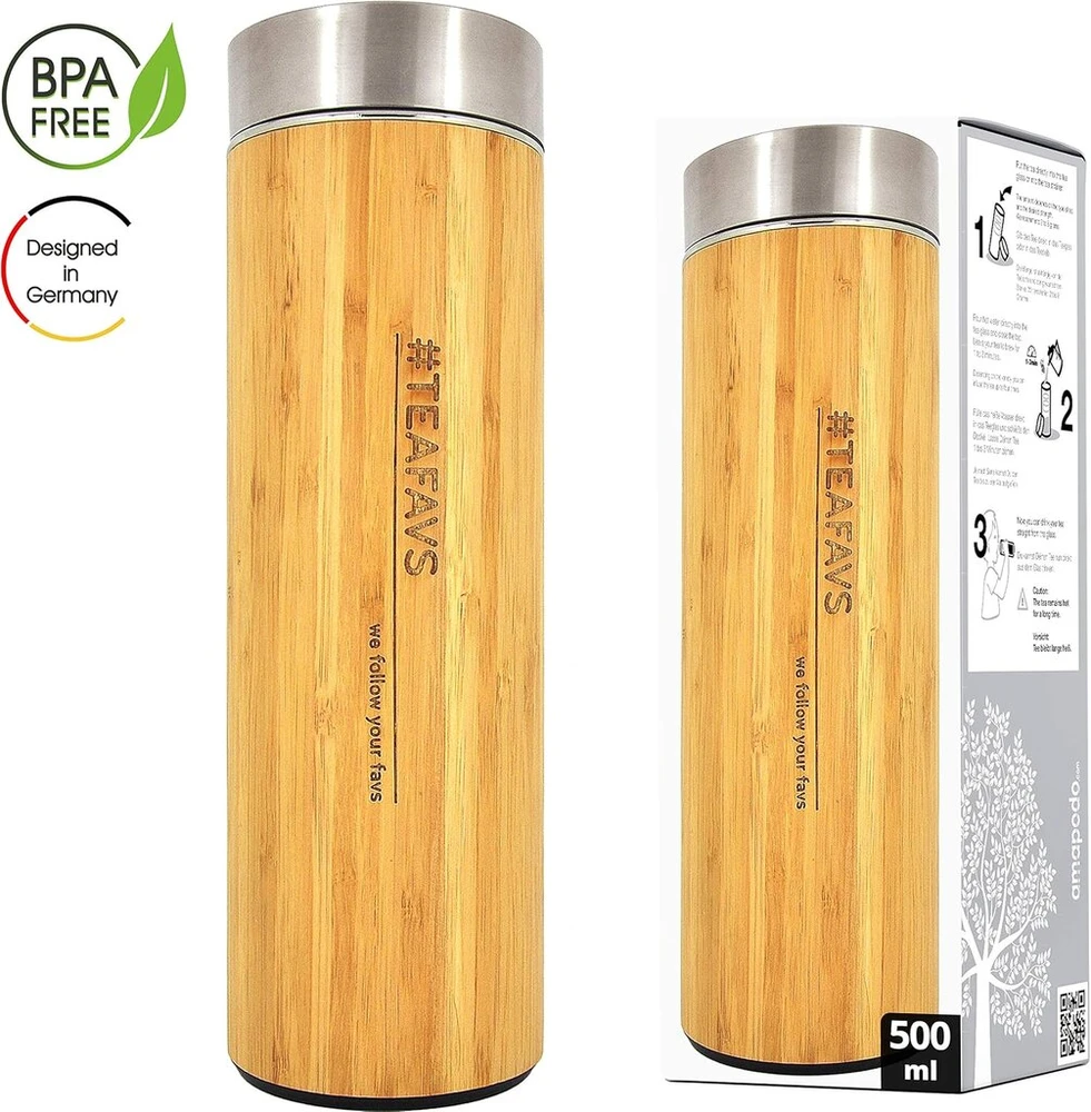 Amapodo termo puodelis 500ml dvigubų sienelių nerūdijančio plieno, bambukas arbatai ir kavai