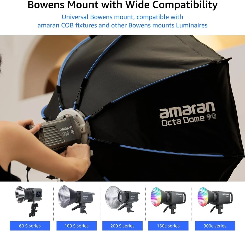 Amaran Octa Dome 90 aštuonkampis „bowens“ jungties softbox'as 90 cm, vieno spragtelėjimo nustatymo šviesos modifikatorius su difuzoriumi ir korio tinkleliu portretinei fotografijai ir studijos interviu, nešiojamas su nešiojimo krepšiu