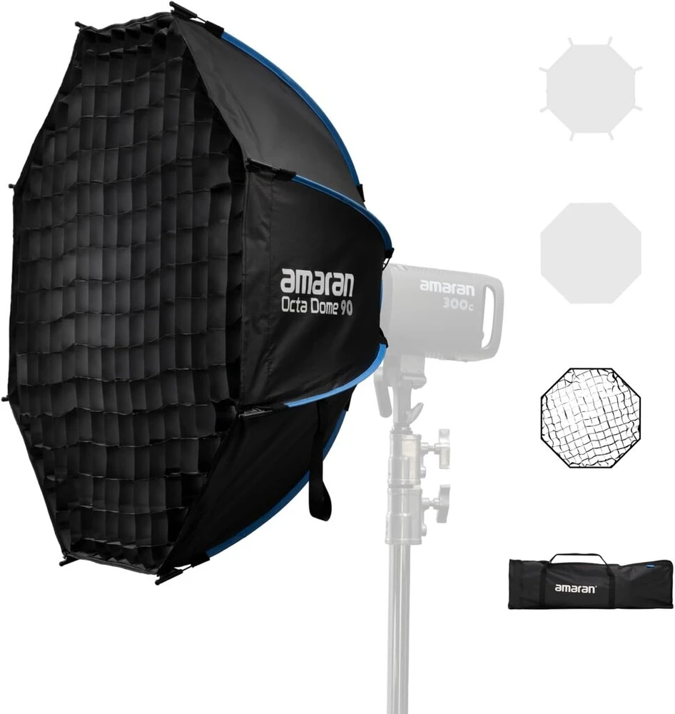 Amaran Octa Dome 90 aštuonkampis „bowens“ jungties softbox'as 90 cm, vieno spragtelėjimo nustatymo šviesos modifikatorius su difuzoriumi ir korio tinkleliu portretinei fotografijai ir studijos interviu, nešiojamas su nešiojimo krepšiu