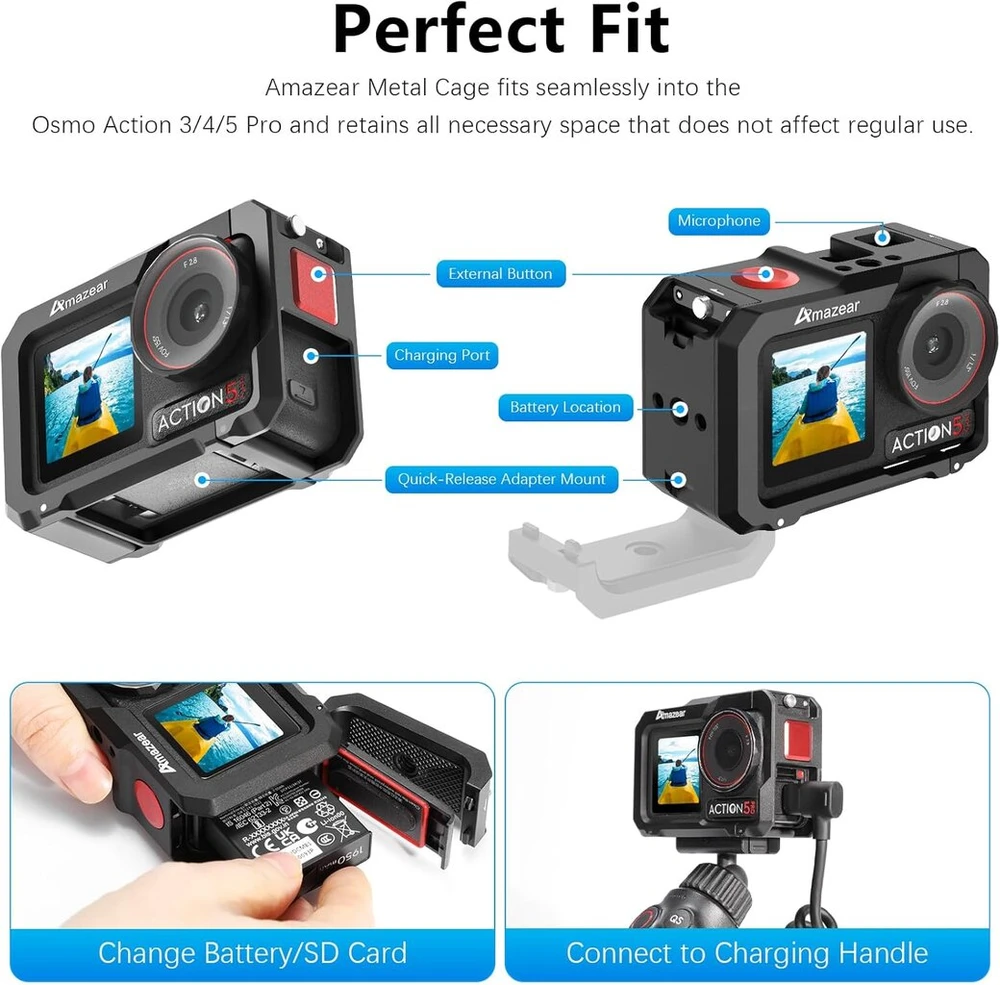 Amazear Metalinis narvelis Dji Osmo Action 4, Action 3, Action 5 Pro priedams, Dji Action3 Action4 Action5 Pro daugiafunkcinis apsauginis dėklas aliuminio korpuso kombinuotas rinkinys