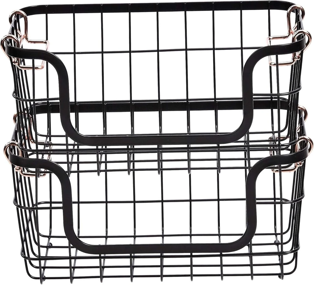 Amazon Basics metaliniai stačiakampiai krepšiai virtuvei ir voniai, kraunami vienas ant kito, 2 vnt., juodi