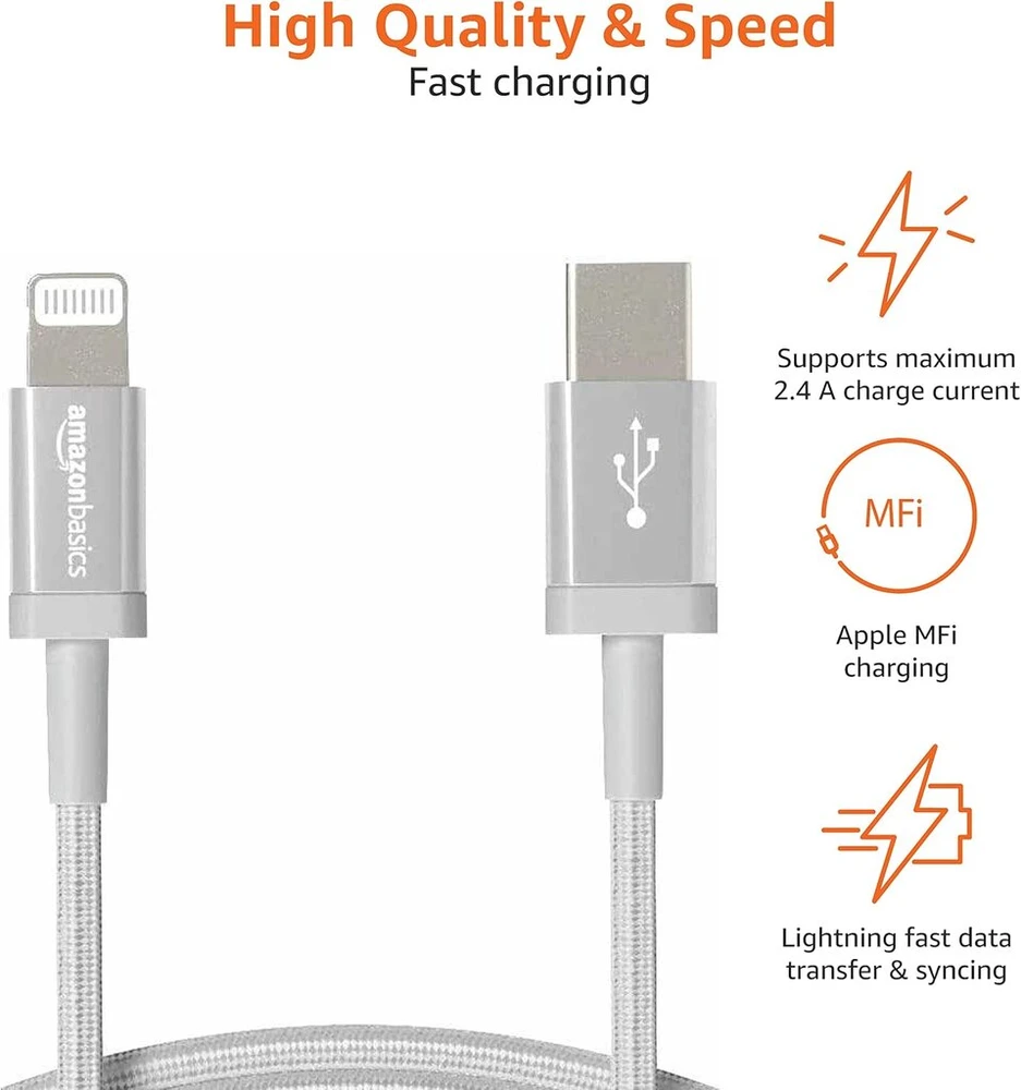 Amazon Basics nailono pintas lightning į usb-c kabelis, mfi sertifikuotas įkrovimo kabelis, skirtas iphone 12/12 pro/12 pro max/11/11 pro/11 pro max/x/xs/xr/xs max/8/8 plus, sidabrinis, 1.8 m