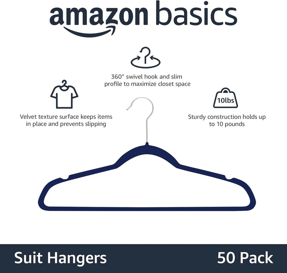 Amazon Basics Pakabos Kostiumams, Mėlynos/sidabrinės, 50 vnt.