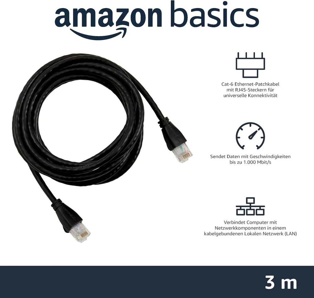 Amazon Basics Rj45 Cat6 Ethernet tinklo kabelis, 5 vnt., 1000 Mbps, juodas