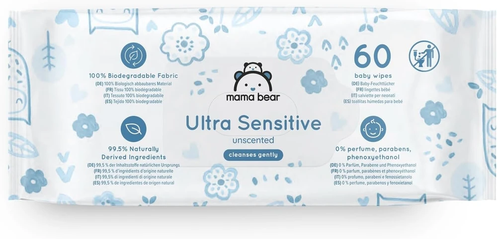 Amazon Brand - Mama Bear itin jautrios kūdikių servetėlės, bekvapės, 1008 vnt. (18 pakuočių po 60)