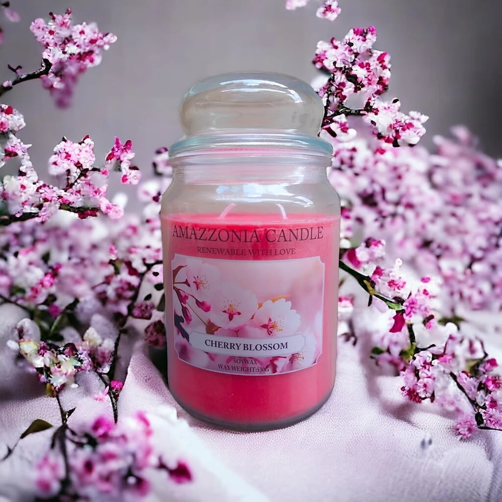 Amazzonia žvakė vyšnių žiedai 530g natūralaus sojų vaško žvakė su dviem dagčiais vyšnių namų dekoratyvinis stiklainis yankee village scents