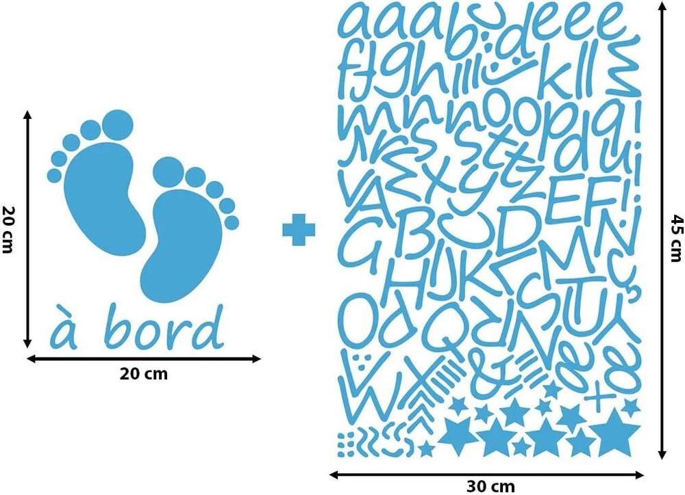 Ambiance Sticker personalizuoti vardiniai lipdukai | Baby on Board | Sienų dekoracija vaikų kambariui | 2 lapai po 25 x 20 cm ir 45 x 30 cm - ledinė mėlyna