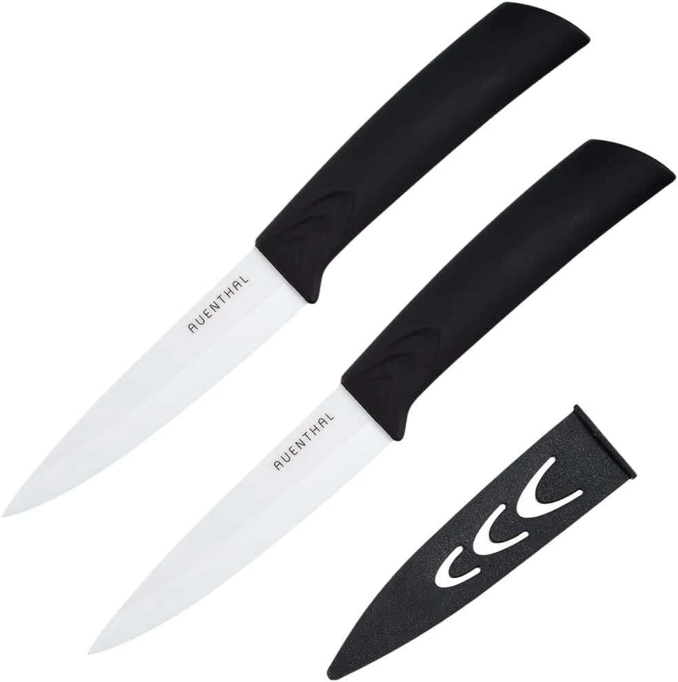 Amefa Auenthal keramikinis peilis, 10 cm ašmenų ilgis, baltas keramikinis ašmuo, itin aštrus, ergonomiška rankena, juodas, su ašmenų apsauga, skutimo peilis, virtuvinis peilis
