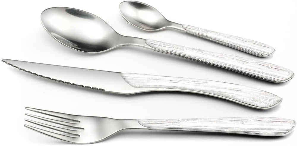 Amefa Eclat Nature Baltas medinių stalo įrankių rinkinys 24 dalys 6 asmenims nerūdijančio plieno nerūdijantys plastikinės rankenos medžio išvaizdos indaplovėje plaunamas stalo įrankių rinkinys 6 asmenims