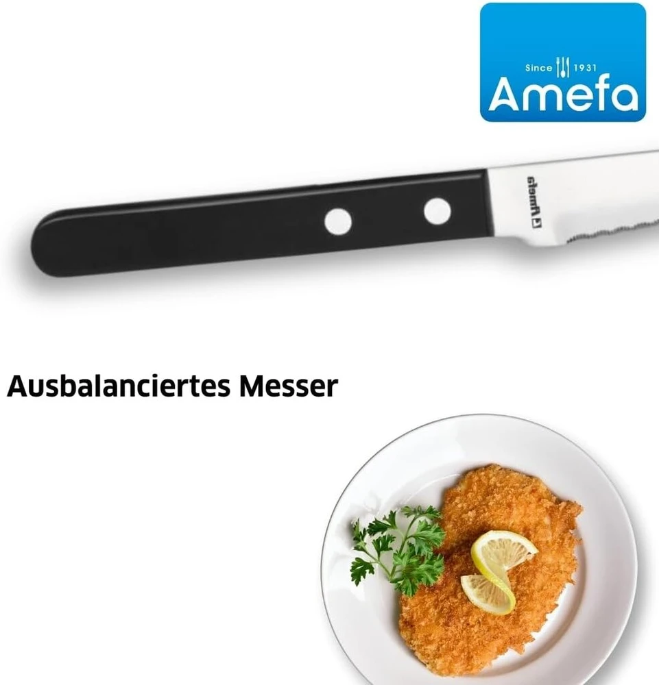 Amefa Pizza 7000 kepsnių stalo įrankiai, 6 kepsnių peiliai, dantytas peilis 6 asmenims, plieno ašmenys 13/0, juodos kniedytos plastikinės rankenos, skirti kepsniams, mėsai ir picai