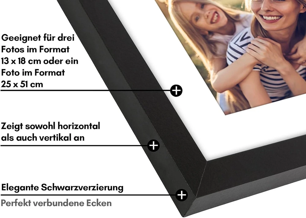 Americanflat koliažinis nuotraukų rėmelis 25 x 51 cm, juodas - trims 13 x 18 cm nuotraukoms eksponuoti ant sienos - nuotraukų rėmelis 3 šeimos nuotraukoms - kompozicinė mediena su plexi panele