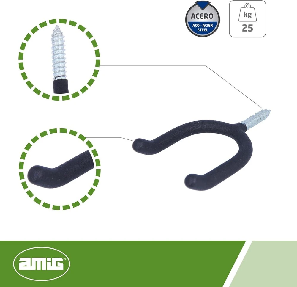 Amig - garažo ir sodo įrankių kabliai | tvirtinimo prie sienos laikiklis | plienas | neslystanti guminė danga | keliamoji galia: 25 kg