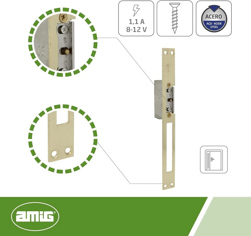 Amig įleidžiamas elektrinis durų atidarytuvas | Mod.20 | 250 x 25 x 3mm | Srovė 1.1a | Su 8-12v rite | Spyna pyragams, parduotuvėms ar biurui