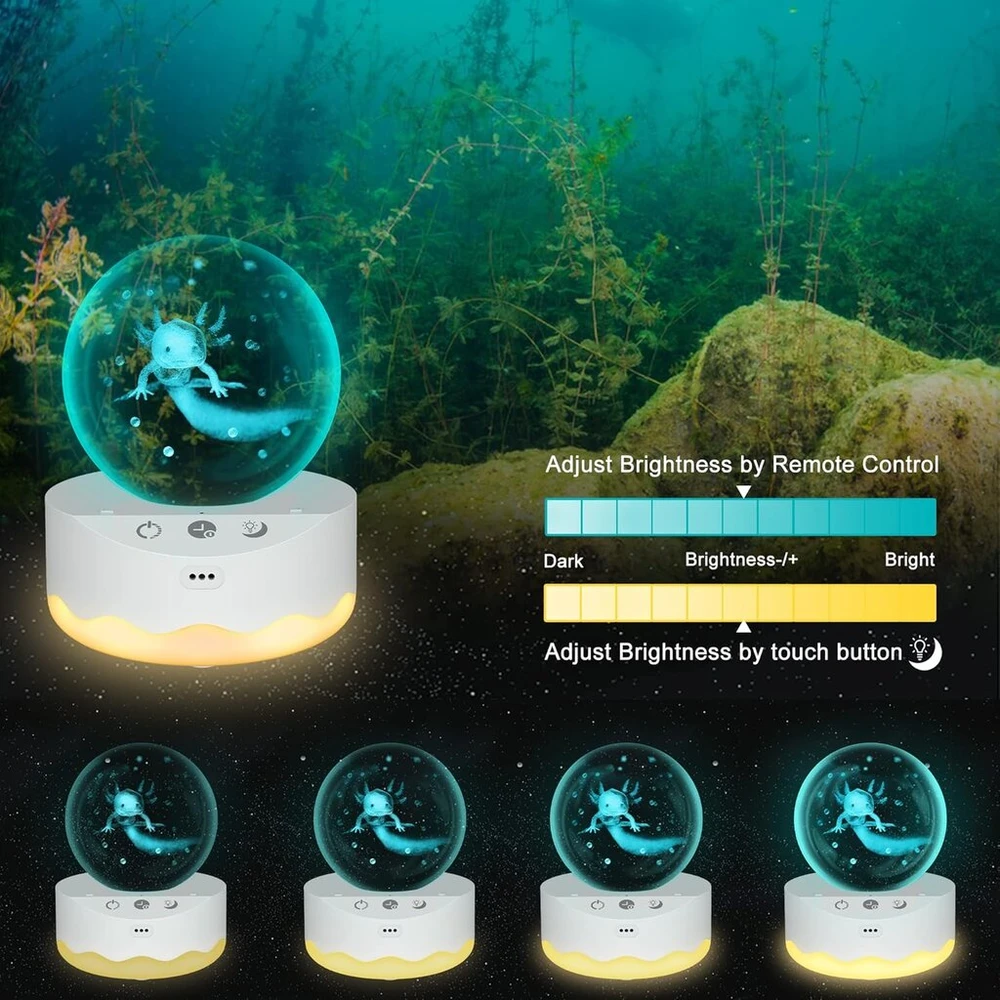 Ammonite Axolotl dovana, krištolinis rutulys vaikams su led lempos pagrindu, skaidrus 70 mm stiklo meno kūrinys vaikų gimtadienio dovanoms, Axolotl dovanos, dovana jubiliejui ir vaikinui gimtadienio proga