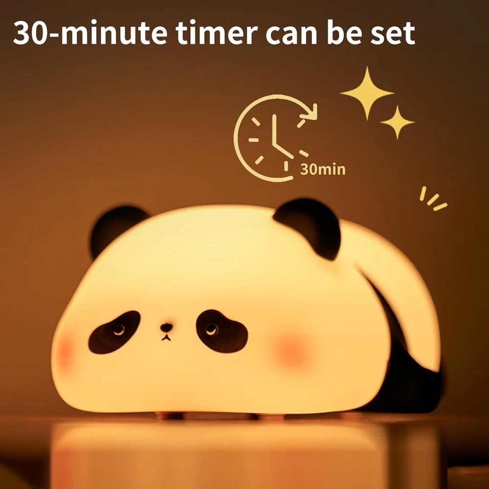 Ammtoo naktinė lemputė vaikams Panda, pritemdoma panda lemputė su laikmačiu, valdoma lietimu silikoninė naktinė lemputė kūdikiams, Usb įkraunama miela panda lemputė, miela naktinė lemputė vaikų kambario dekoracija (panda)